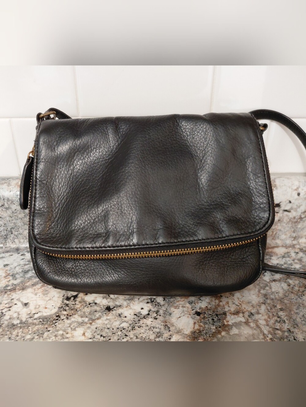 Margot Black Leather Crossbody Bag with Gold Zipper